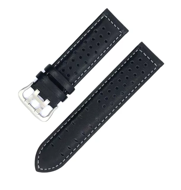 22 mm Rallye schwarz Uhrenarmband Rindleder Doppeldornschließe grau Naht Lochung