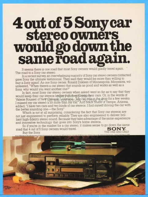 1984 Sony Car Stereo Cassette Radio XR-100 Ronald Dokken Valerie Roussel Ad