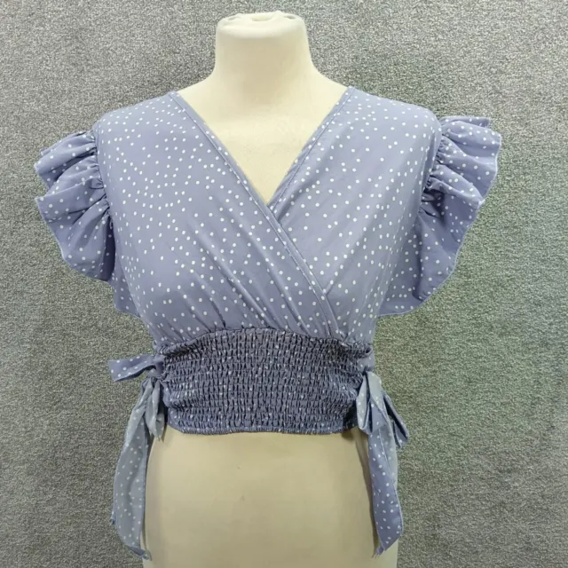 Lilac Polkadot Crop Top Wrap Front Frill Short Sleeve Sheering Tie Hem Y2K Uk M