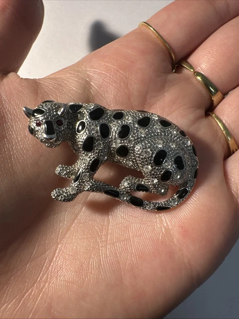 Broche Panthère Dorée Strass Blanc & Pierre Rouge - Bijou Fantaisie Animalier - Neuf