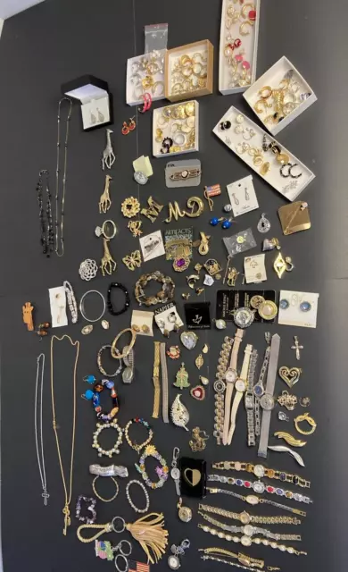 Vintage & Costume Jewelry Lot Necklaces Earrings Bracelets Watches Pins
