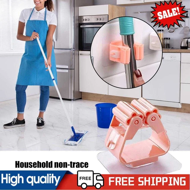 Self-Adhesive Wall Mounted Mop Clip Holder Seamless Hanging Bracket (Pink)