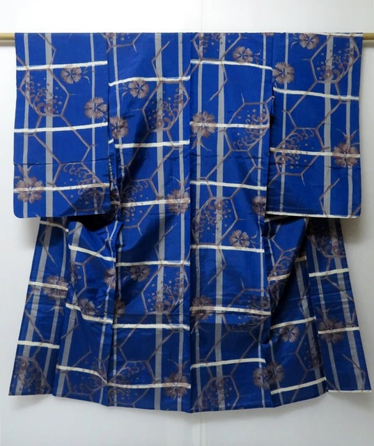 0301H08z330 Vintage Japanese Kimono Silk MEISEN HITOE KOMON Blue Nadeshiko