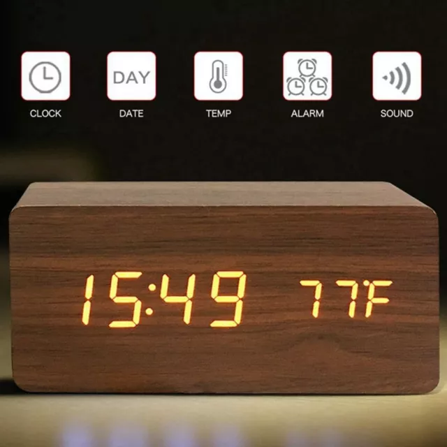 Wooden Digital Alarm Clock, LED Clock with Temperature Desk Clocks for Office