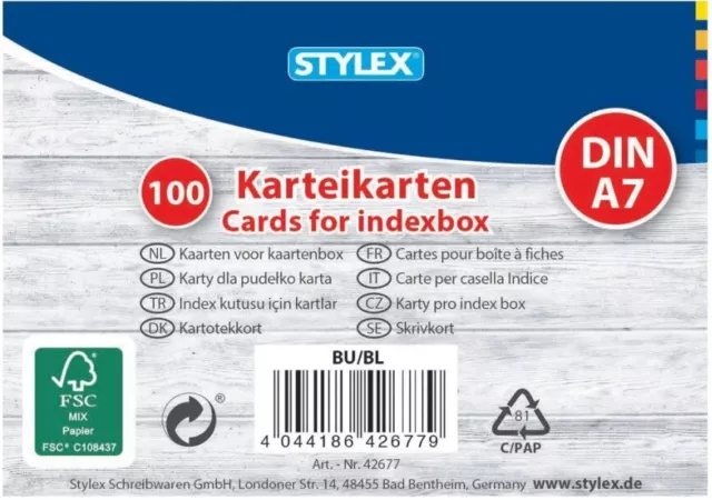 STYLEX® Karteikarten DIN A7 * 100er Packung liniert