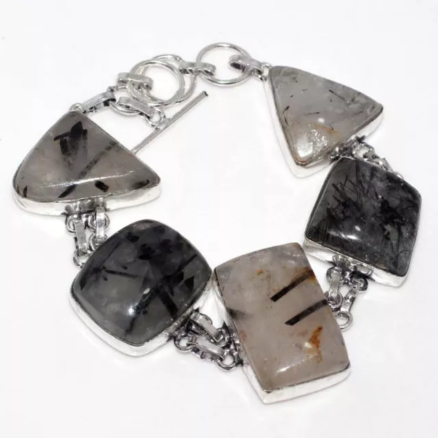 925 Silver Plated-Natural Black Rutile Ethnic Gemstone Bracelet Jewelry 8.5" JW