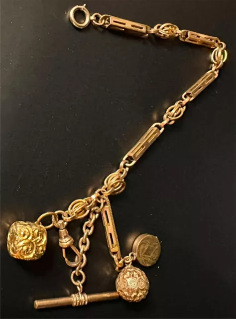 Antique Victorian Watch Chain W/ Fobs, T Bar, Locket Gold Filled Fabulous