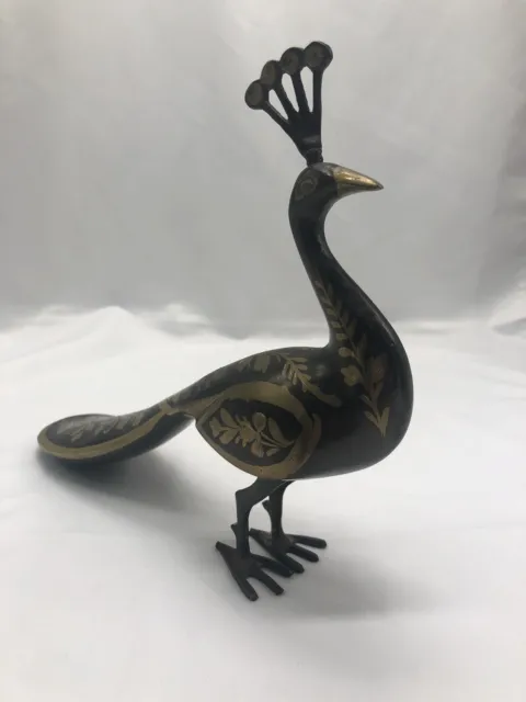 Brass~Cast Metal Contemporary Long Tailed Standing Decor. Peacock Figurine