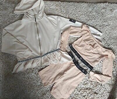 RIVER ISLAND Girls Athleisure Pretty Beige Crop, Shorts & Hoodie Outfit Age 8