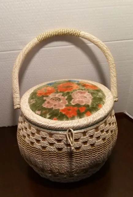 Wicker Round Sewing Basket With Floral Lid JC Penney Co. Made In Japan Vintage