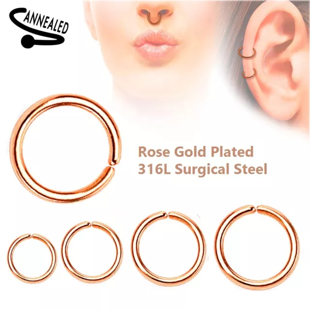2pcs. Rose Gold IP Annealed Seamless Hoop Ears Cartilage Labret Septum Nose Ring