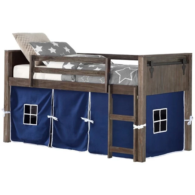 Donco Kids Twin Solid Wood Barn Door Loft Bed with Blue Tent in Brushed Shadow