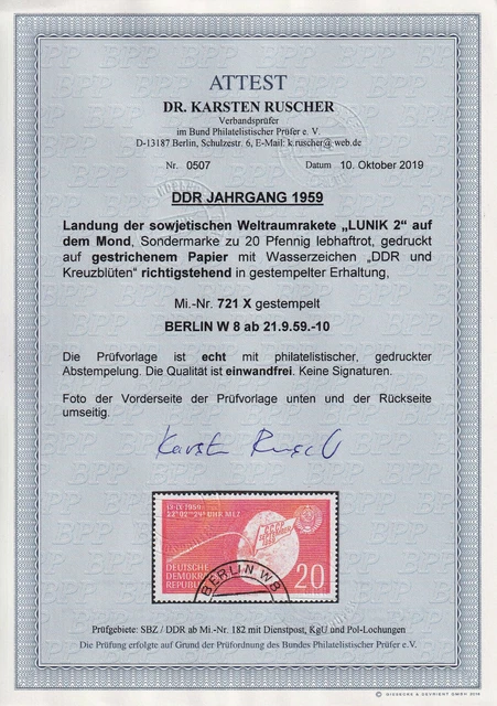 DDR 1959 Mi.Nr. 721 X gestempelt WZ 3 X Lunik 2 Fotoattest Dr. Ruscher BPP