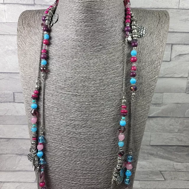 Long Double Strand Necklace Silver Tone Chain Feathers Glass Beads Multicoloured