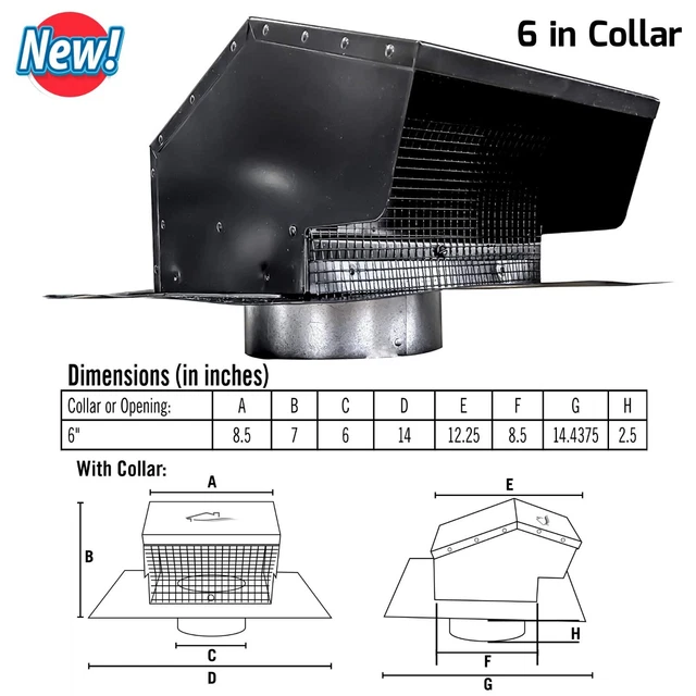 6& EXHAUST ROOF Vent Cap w Screen Damper for Kitchen Stove Range Hood