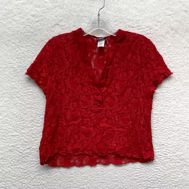 90s Vintage Jaclyn Smith Blouse Top M Medium Womens Red Sheer Lace Mesh