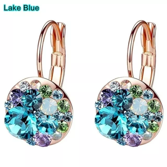 Women Gold Blue Crystal Dangle Hoop Earring Anniversary Day Jewelry Party Gifts