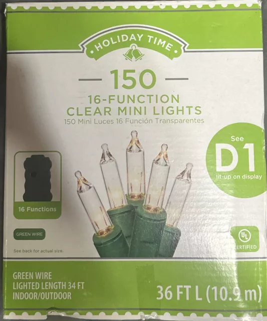 Holiday Time 150 16 Function Clear Mini Lights Indoor/Outdoor (Green Wire) 36ft