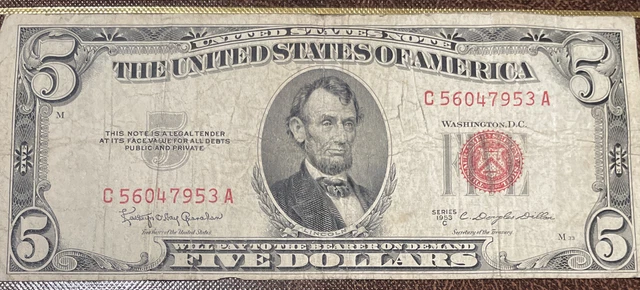 1953 C  $5 RED • AMER • THESAUR • SIGIL • Dollar Bill Federal Reserve Note DC