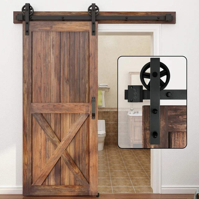 5-16FT Single Wood Sliding Barn Door Hardware Kit 6FT Basic Black Big Spoke Whee