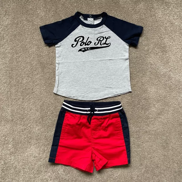 Ralph Lauren Boys Age 9m 9 Months Set Striped Grey Navy T-Shirt & Red Shorts