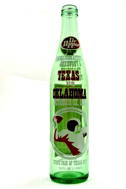 1973 Oklahoma vs. Texas State Fair Dr Pepper Souvenir Glass Bottle 16oz OU