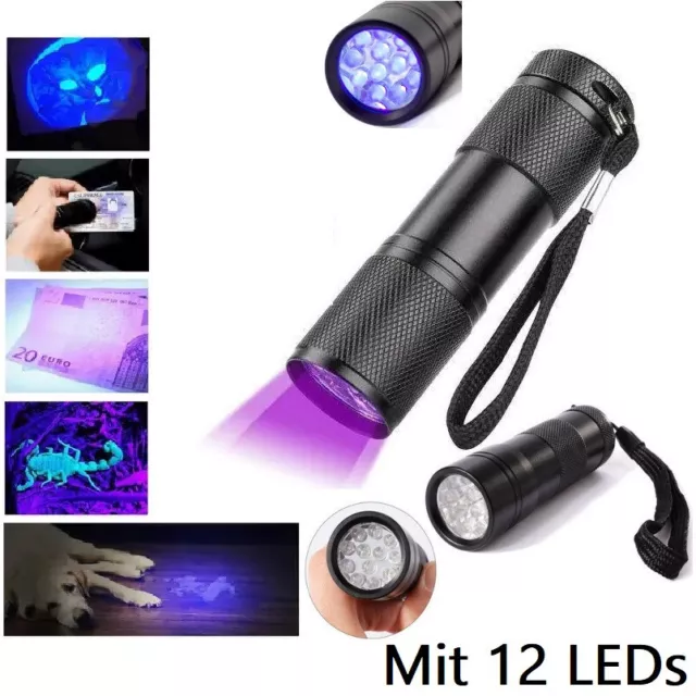UV Taschenlampe mit 12 LED Licht Schwarzlicht Taschenlicht Aluminium Gehäuse NEU