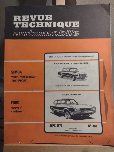 Revue Technique Automobile N°348 Simca "1301" "1501" Ford "Capri Ii " Sept 1975