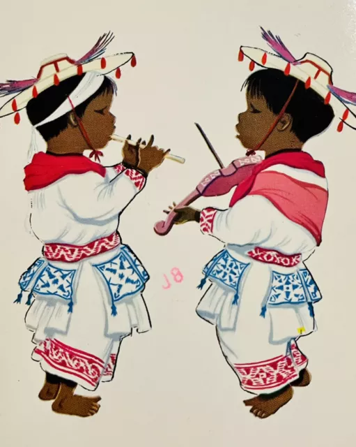 Vintage post card Mexico Mexican Kids Children Violin Flute Dance Tipico