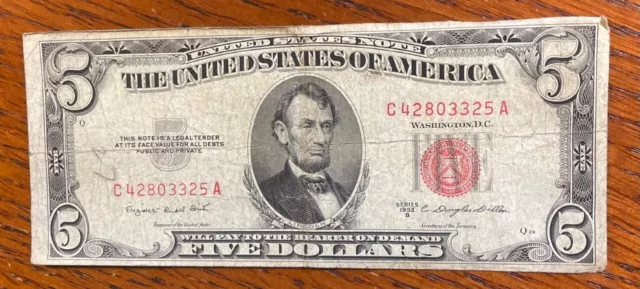 1953 $5 Dollar Bill Note Red Seal--Average Circulated--FREE SHIPPING