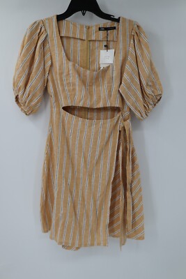 NWT ZARA Womens Small Linen Blend Striped Front Cut Out Mini Dress short sleeve