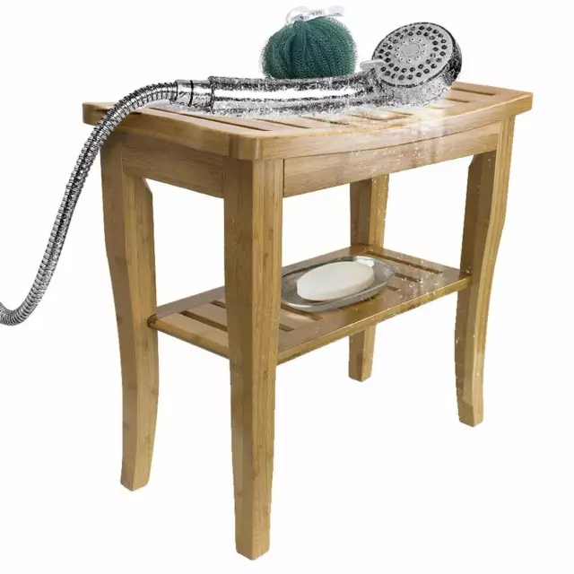 Bamboo Shower Bench Stool with Shelf, 2-Tier Wood Storage & Seating for Bathroom