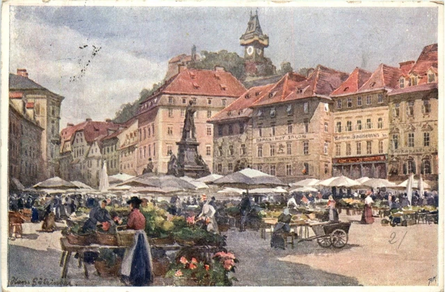 Graz/Steiermark - Graz, Hauptplatz mit Schlossberg - Künstlerkarte -314744