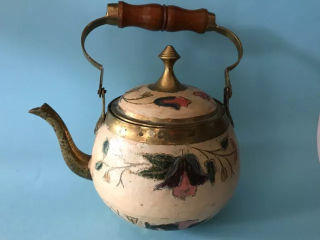 alter Wasserkessel Messing Tee floraler Handmalerei Holzgriff ca.1,25 Liter