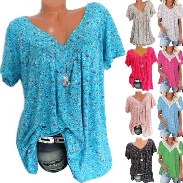 Women V Neck Short Sleeve T-Shirt Summer Baggy Casual Blouse Shirt Top Plus Size