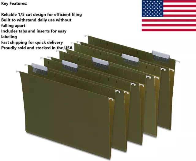 Traditional Robust Hanging  File Folders 5-Tab Letter Standard Green 50/Box NEW