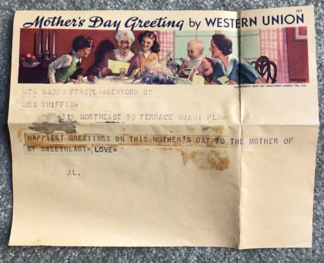 1937 Telegram Mothers Day Greetings By Western Union Miami Florida New York