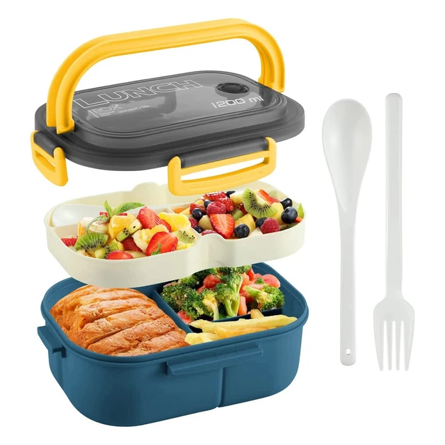 WILDAURORA Bento Box Adulti 1200 Ml - Contenitore Pranzo 3 Scomparti, Antiparticelle, Con Posate, Adatto A Microonde E Lavastoviglie