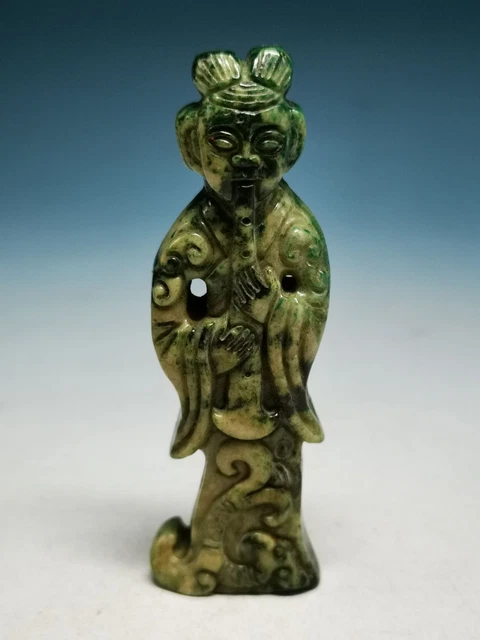 EXCELLENT Old Green Jade Hand carved Antique Musician Statue & Pendant R21
