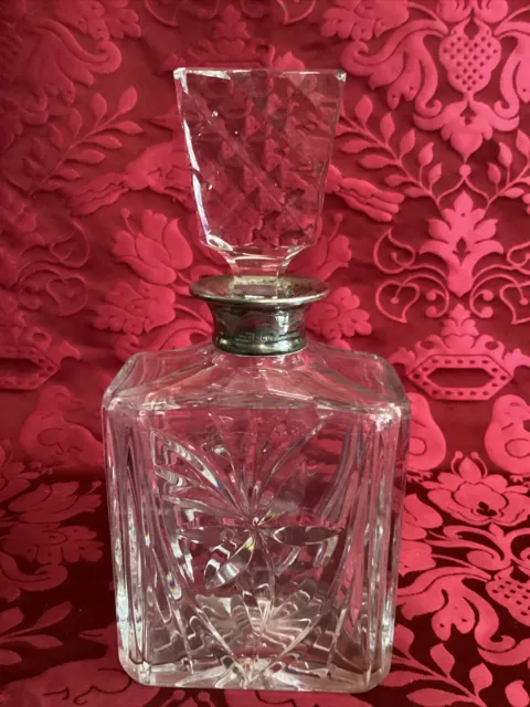 Antique English, London Crystal Decanter With Sterling Silver Collar