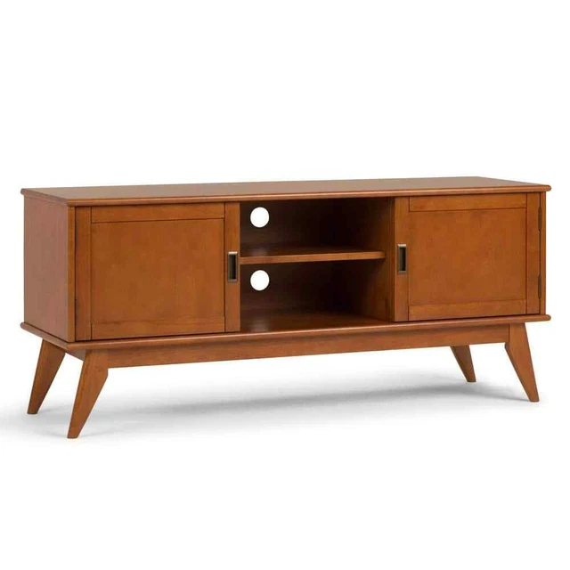 Simpli Home TV Stand 60" x 25.98" Solid Wood 6-Shelves Mid Century Teak Brown