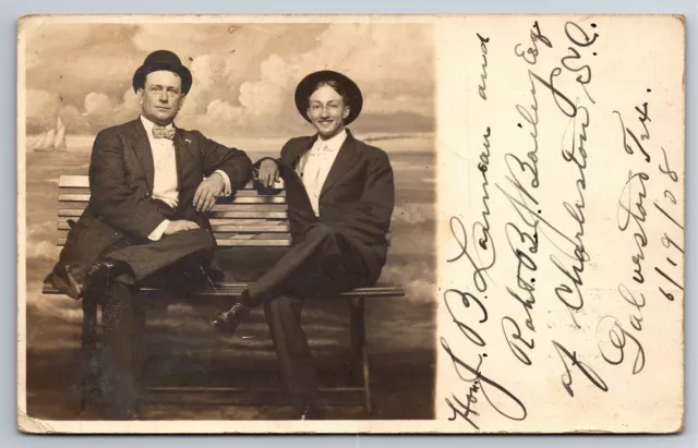Postcard RPPC Real Photo Lawyers Studio Sitting on Bench Hats Bow Tie c1908