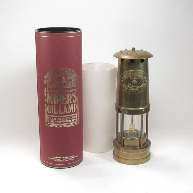 Brass Miner's Oil Safety Lamp E. Thomas & Williams Vintage Aberdare Wales Boxed