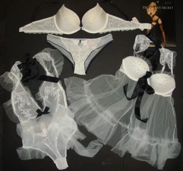 Victoria's Secret 32D,32DDD BRA SET+panty+S TEDDY Black White Gray  crystallized
