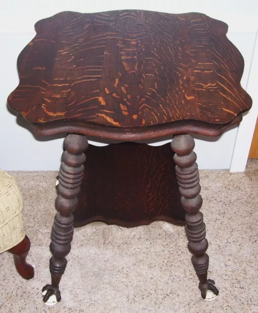 beautiful large antique tiger oak parlor side table glass ball & claw feet