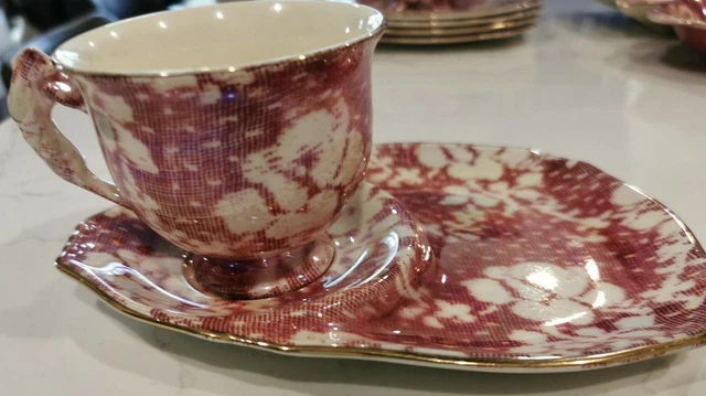 Royal Winton Brocade Cranberry Tennis Set Teacup Tray Rose Bud Pink Chintz