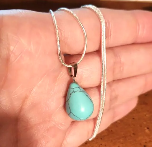 Turquoise Gemstone Tear drop 925 Sterling Silver Pendant necklace 18"