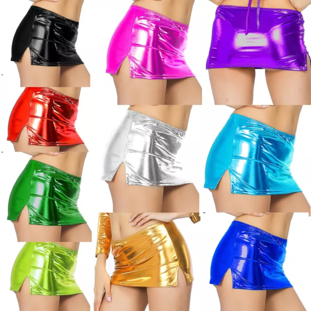 Women Sexy Mini Skirt Metallic Lingerie Party Short Dress Split Night Club Skirt