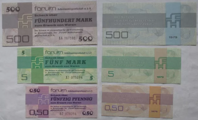 3 DDR Banknoten 0,50, 5 und 500 Mark Forum Scheck 1979 (160105)