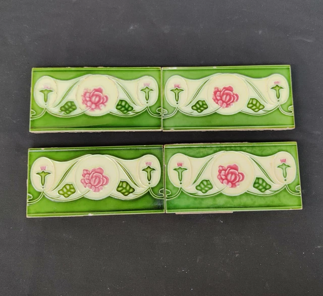 Vintage Architecture Furniture Tile 4 Pc Floral Majolica Art Nouveau Japan CT125 2